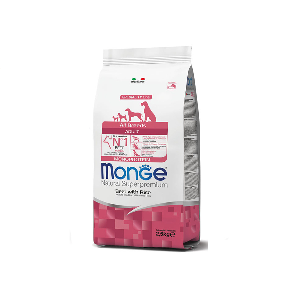 غذای خشک سگ بالغ (تمام نژادها) با گوشت گاو و برنج مونژه  Monge Monoprotein beef with rice